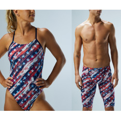 Святковий комплект від TYR: жіночий купальник TYR Homeland Trinityfit та чоловічі плавки TYR Homeland Jammer Святковий комплект від TYR: жіночий купальник TYR Homeland Trinityfit та чоловічі плавки TYR Homeland Jammer